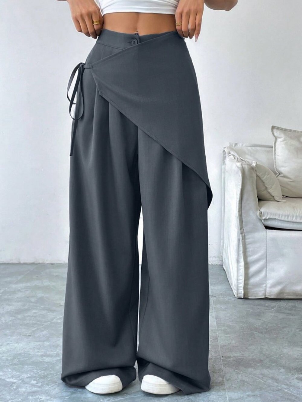 Dark Grey Casual Women's Lace-Up Wide-Leg Pants - Picture 5 of 7